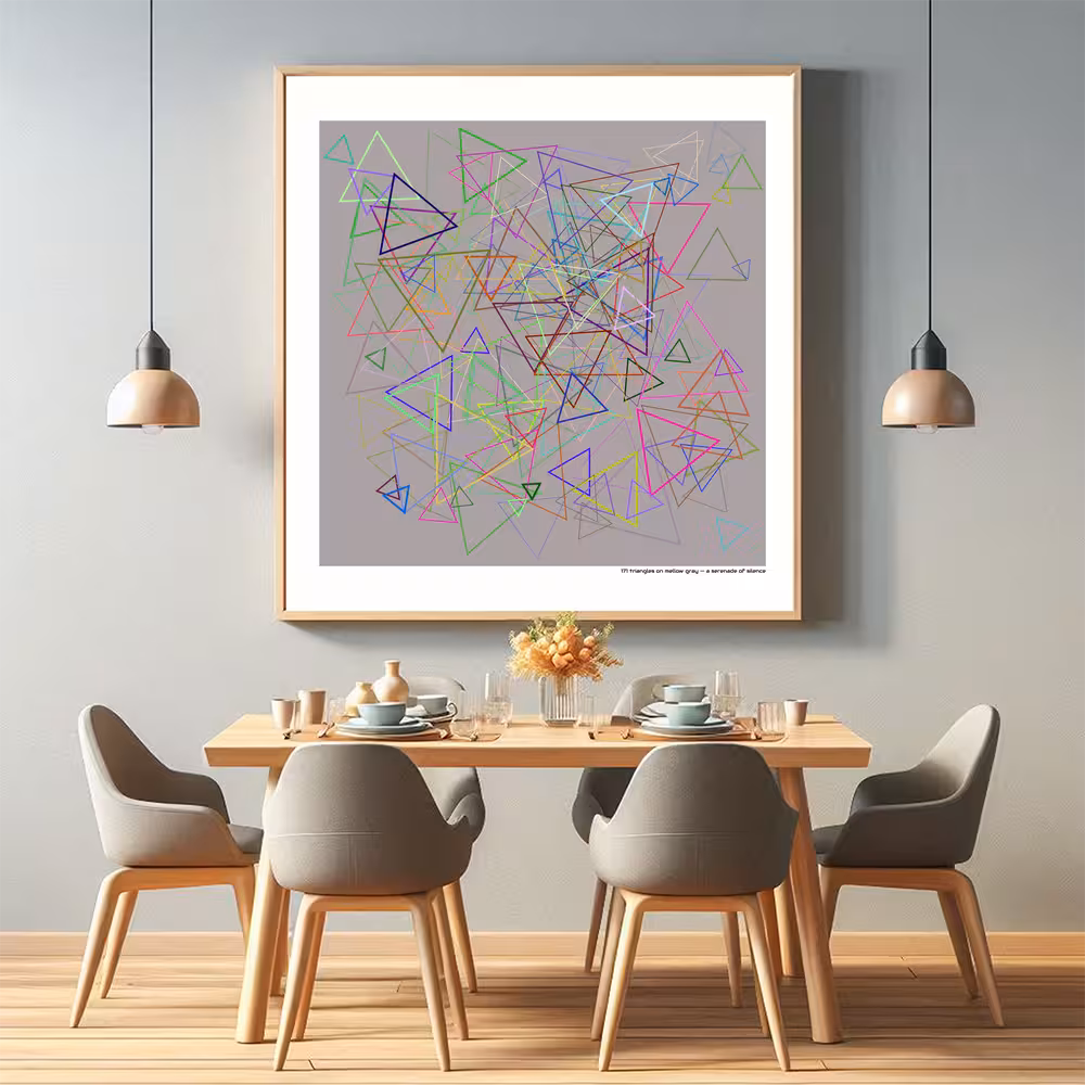 171 triangles on mellow gray — a serenade of silence in room setting