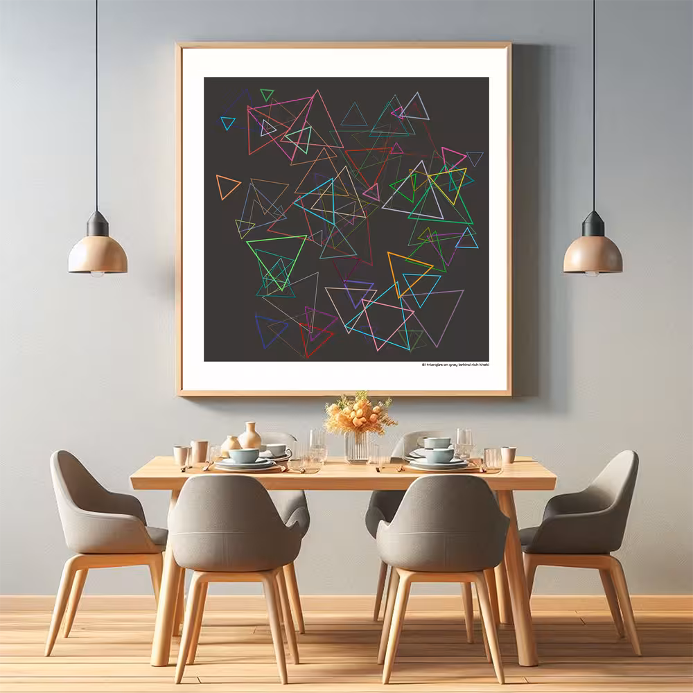 81 triangles on gray behind rich khaki in room setting