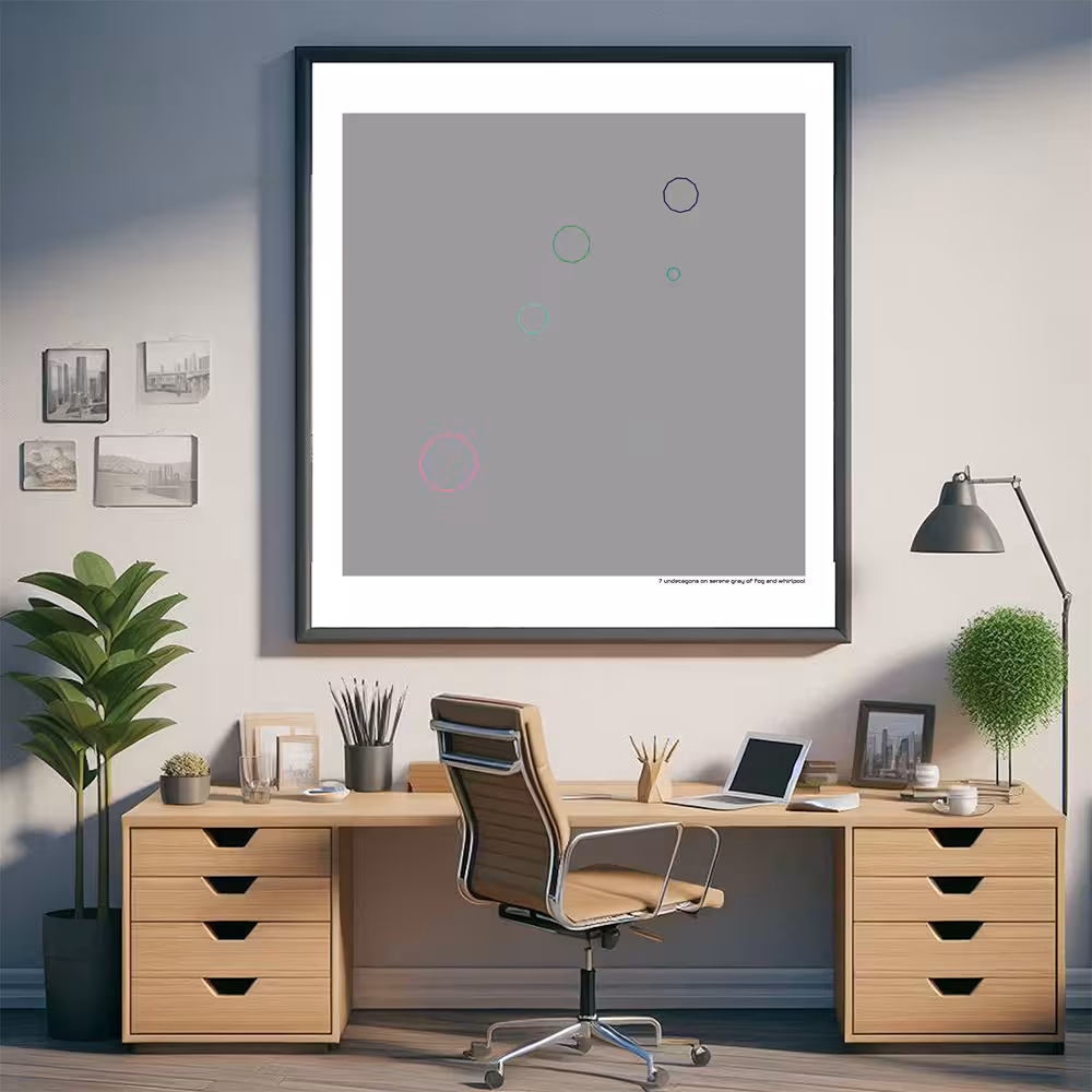 7 undecagons on serene gray of fog and whirlpool in room setting