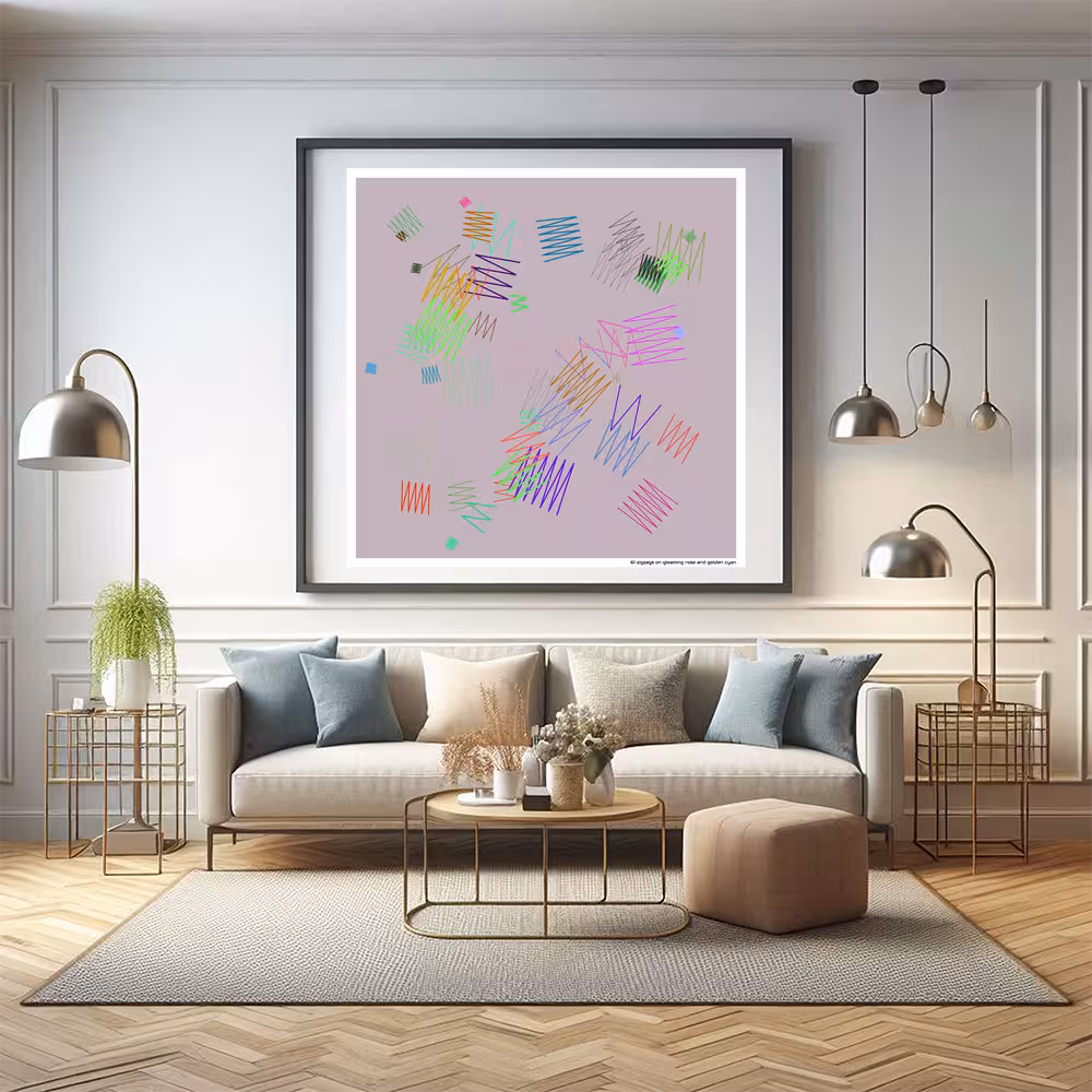 61 zigzags on gleaming rose and golden cyan in room setting