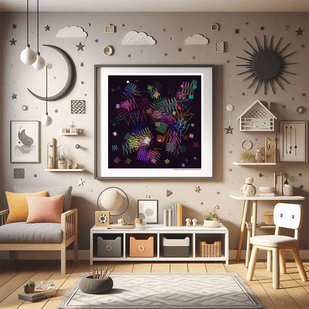 147 zigzags on gleaming black and dancing cream in room setting