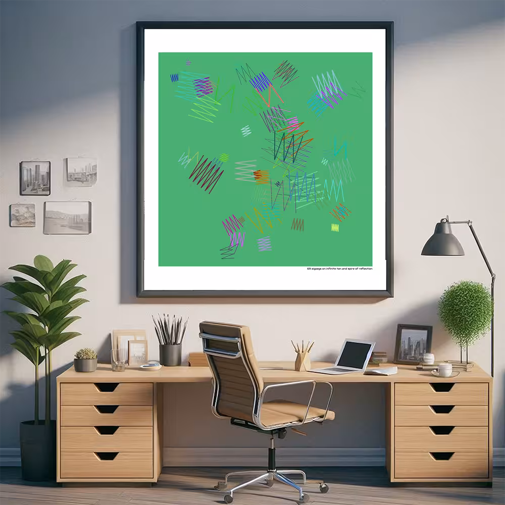 69 zigzags on infinite tan and spire of reflection in room setting